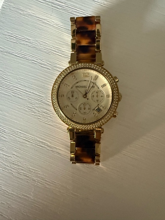 Michael Kors Accessories - Michael Kors Gold Watch with Tortoiseshell Links and Crystal Bezel